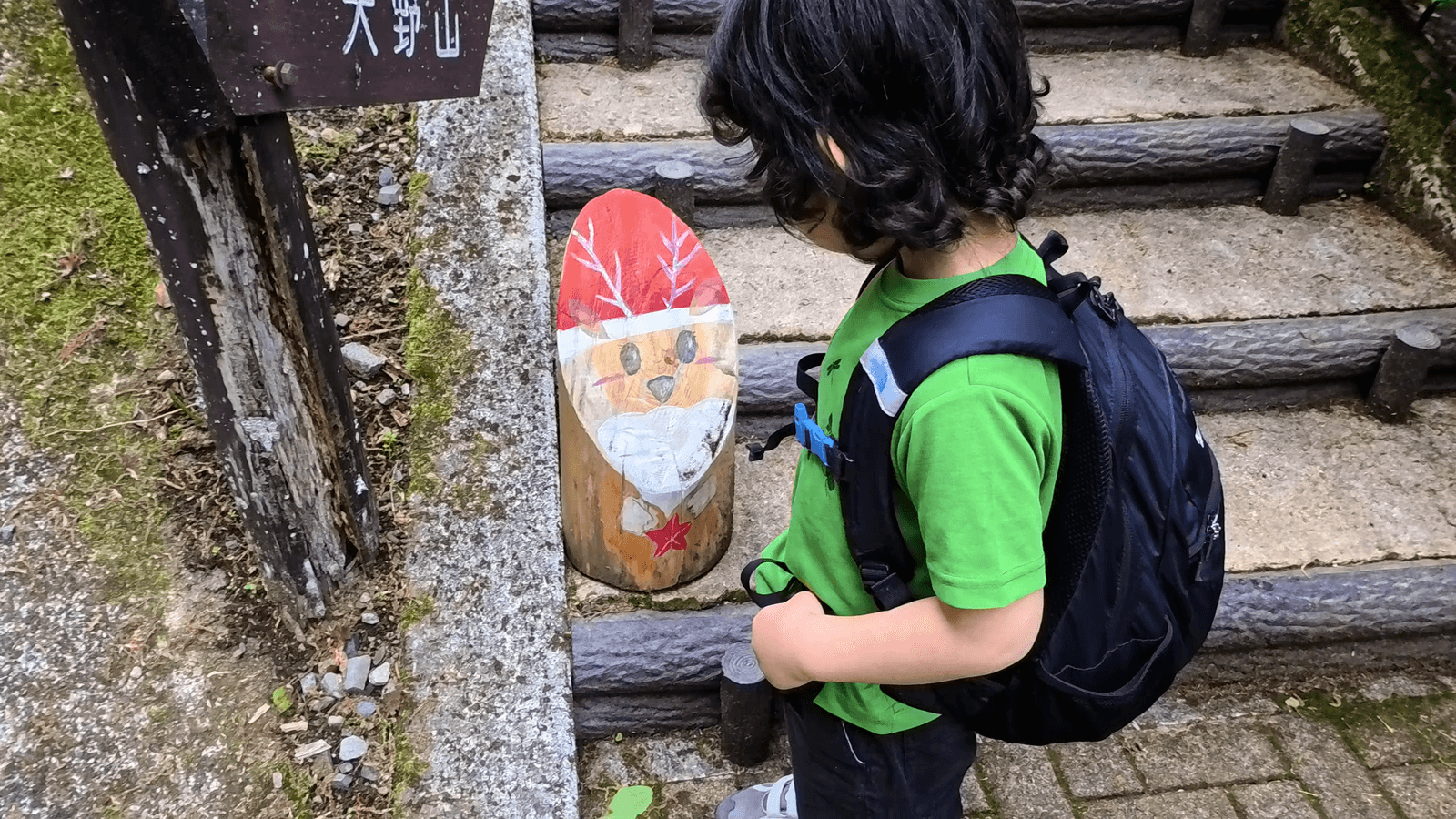 子供が登山道脇のチェンソーアート（キツネの絵が描かれた木）をのぞきこんでいる。背後に「大野山」の案内板が見える。