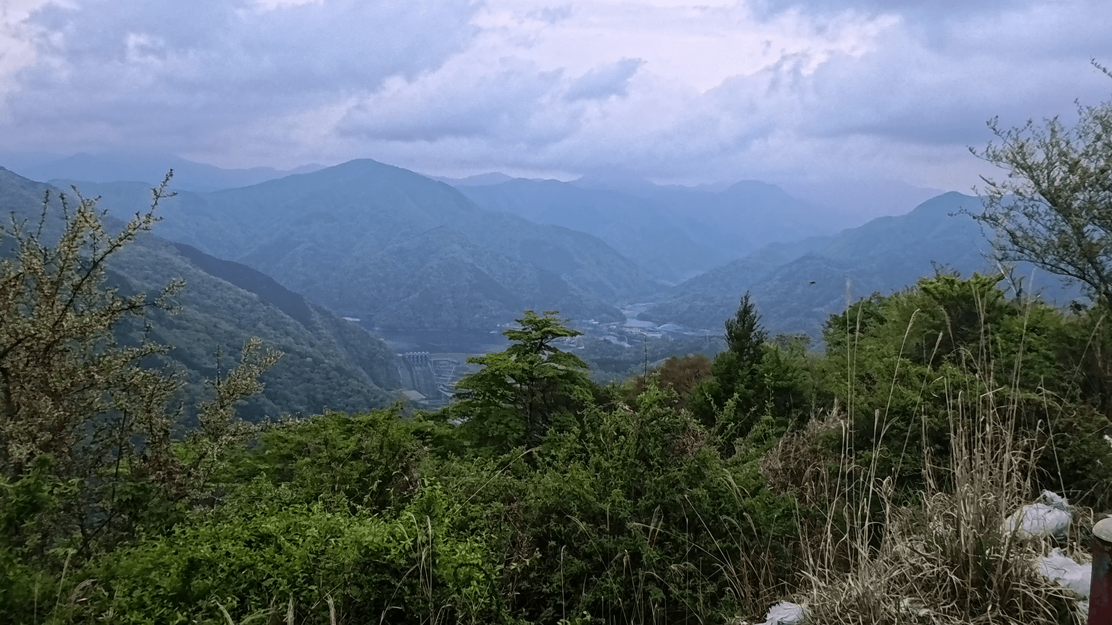大野山山頂付近から見た丹沢湖方面の眺め。重なり合う山並みの向こうに、湖と曇り空が広がる。