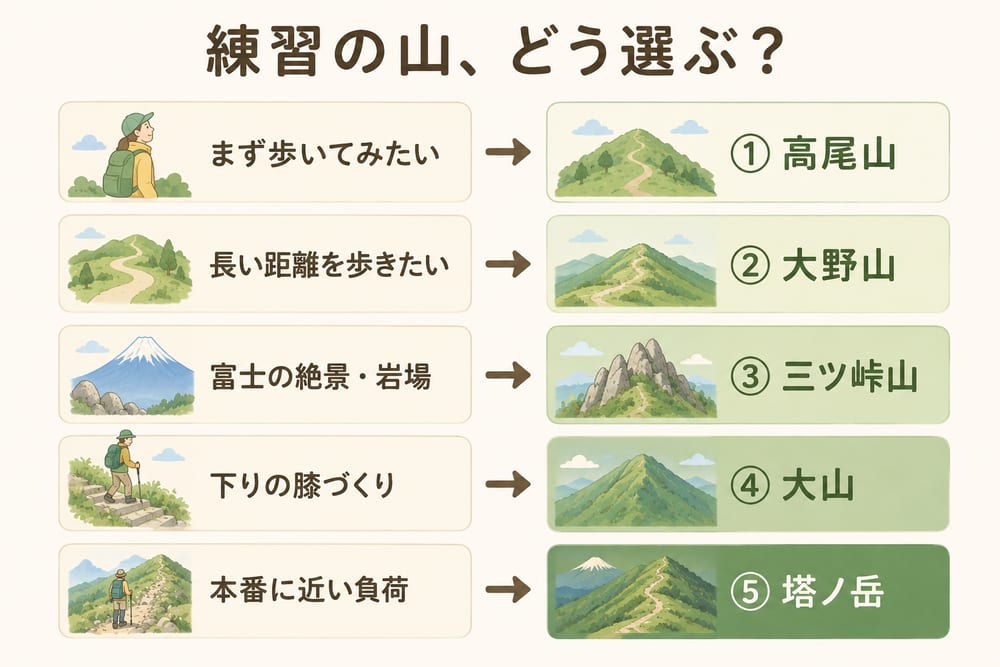 いちばん試したいことから練習の山を選ぶ早見図（①高尾山〜⑤塔ノ岳）