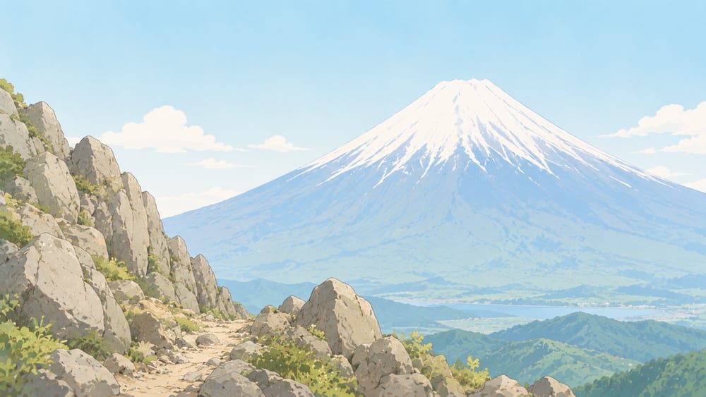 岩場の向こうに大きくそびえる富士山（三ツ峠山のイメージ）