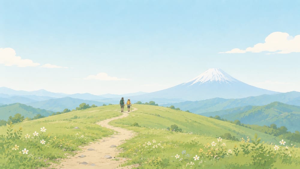 草原の丘の道を歩く親子と、遠くに望む富士山（大野山のイメージ）