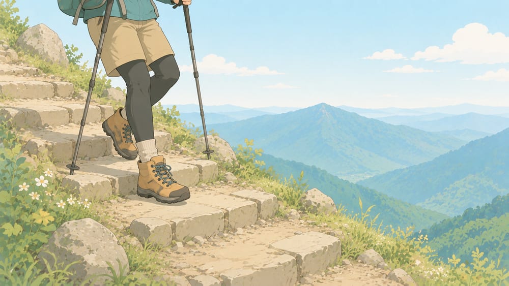 石段の下り坂を一歩ずつ慎重に下る登山者の脚もと（大山のイメージ）