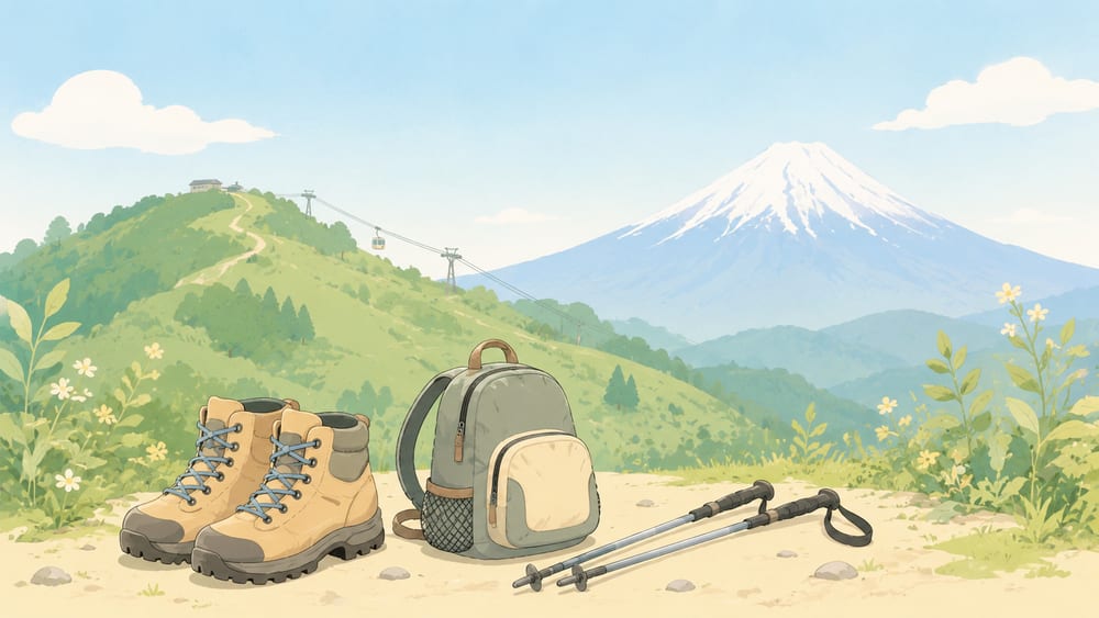 登山靴・ザック・トレッキングポールと、ケーブルカーのある低山と富士山（高尾山のイメージ）