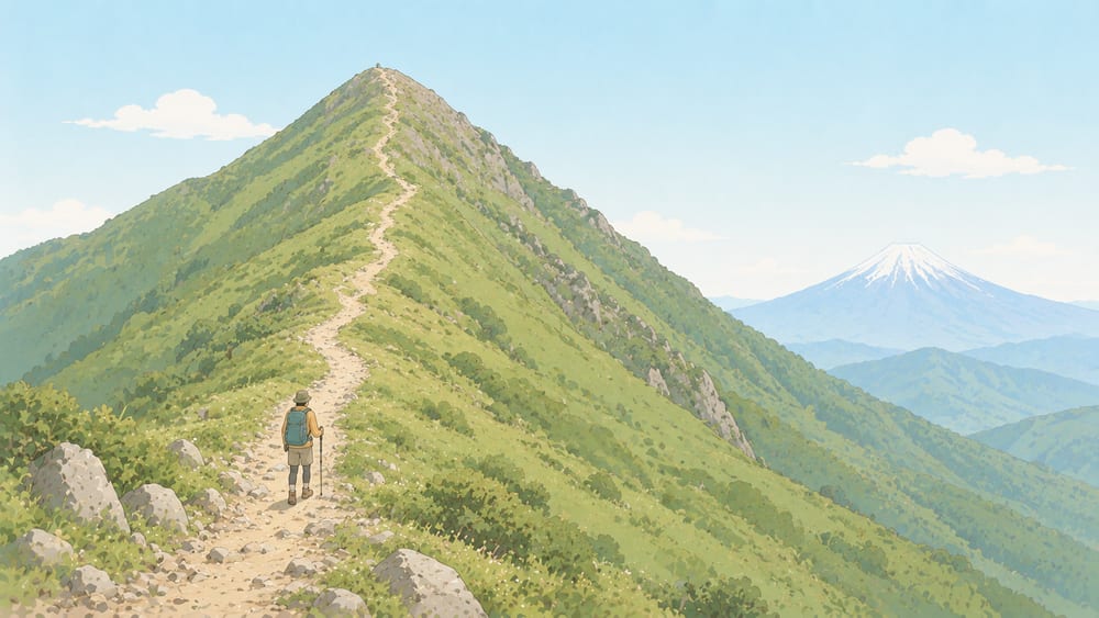 山頂まで長く続く尾根を登る登山者と、遠くに望む富士山（塔ノ岳のイメージ）