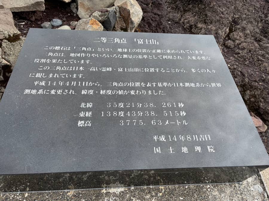 剣ヶ峰にある二等三角点「富士山」の石碑。標高3775.63メートルと刻まれている