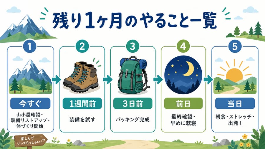 富士登山の残り1ヶ月のやること一覧（タイムライン図）
