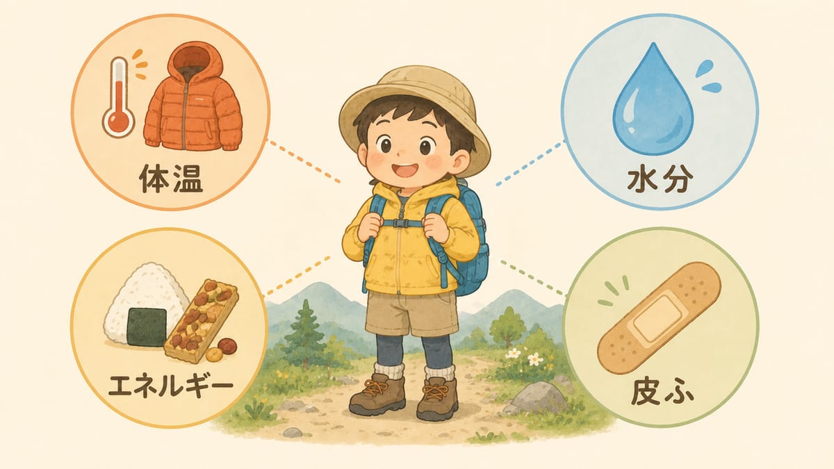 子連れ登山で親が守る4つ——体温・水分・エネルギー・皮ふ——を示したイラスト