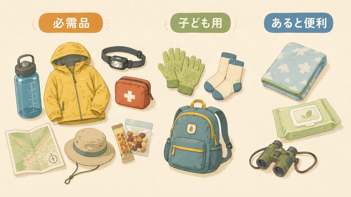 子連れ登山の持ち物を必需品・子ども用・あると便利の3つに分けて並べたイラスト