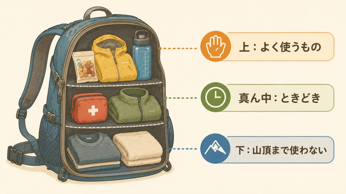 登山ザックの詰め方。上によく使うもの、真ん中にときどき使うもの、下に山頂まで使わないものを入れる層分けのイラスト
