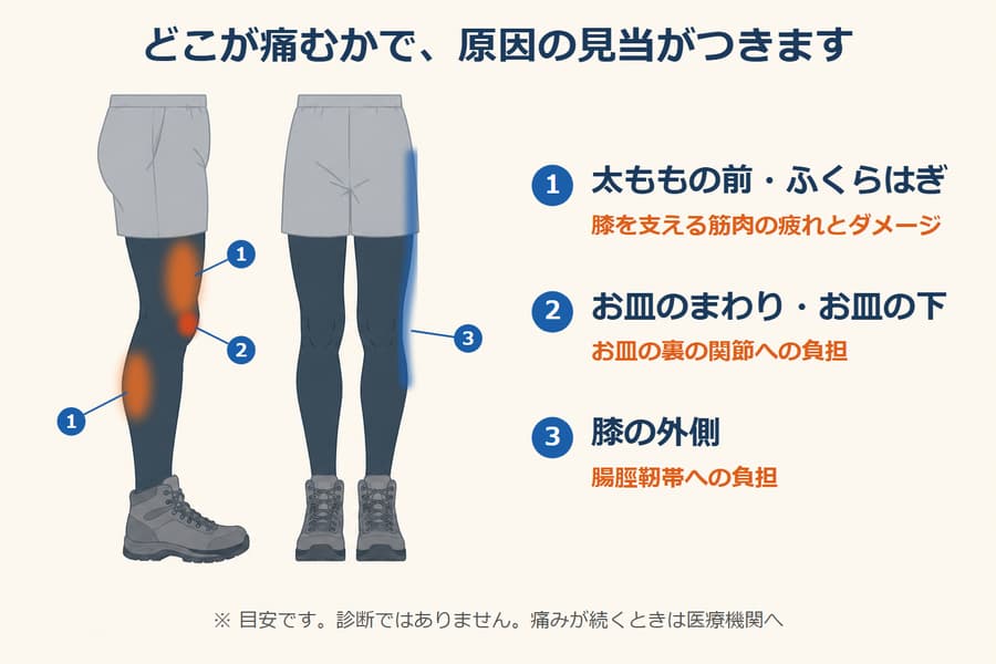 膝の痛む場所と原因の目安。太ももの前・ふくらはぎは筋肉の疲れ、お皿のまわりはお皿の裏の関節への負担、膝の外側は腸脛靭帯への負担