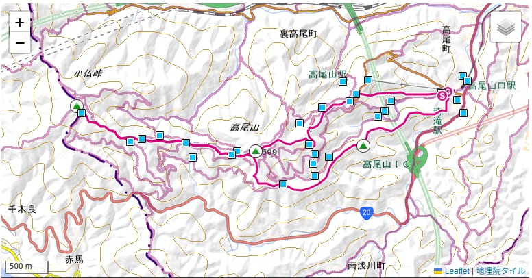 高尾山〜小仏城山を往復したルートのGPS記録（YAMAP）