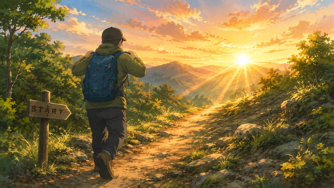 登山のための体づくり、はじめます。朝焼けのトレイルを歩き出す後ろ姿